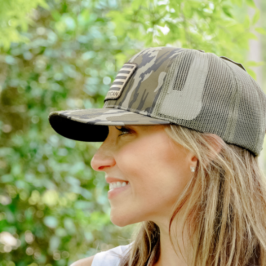 Leather Flag Camo Trucker Hat - Mossy Oak Camo